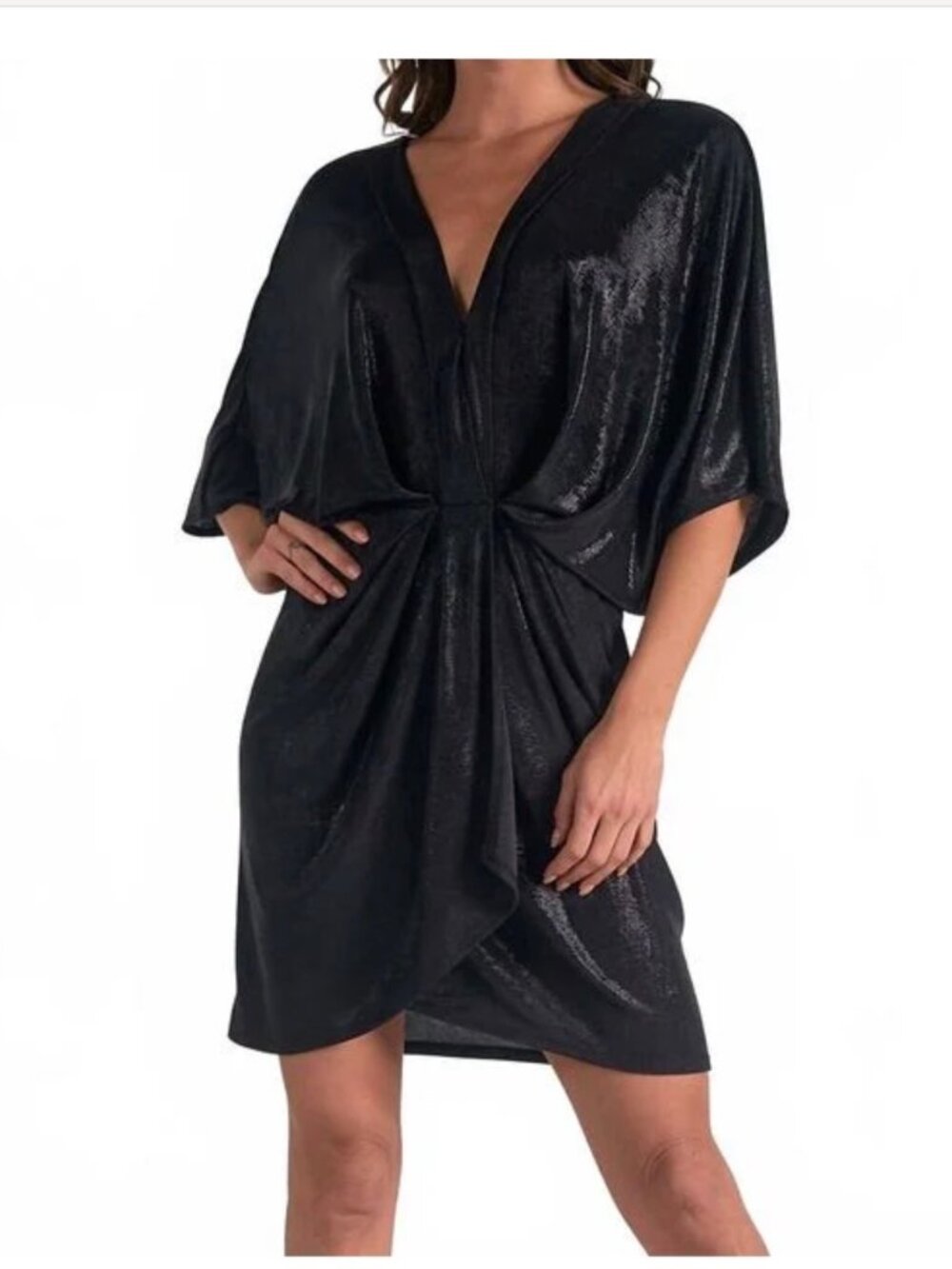 Elan Black Metallic Faux Wrap Front Dress- Size Medium